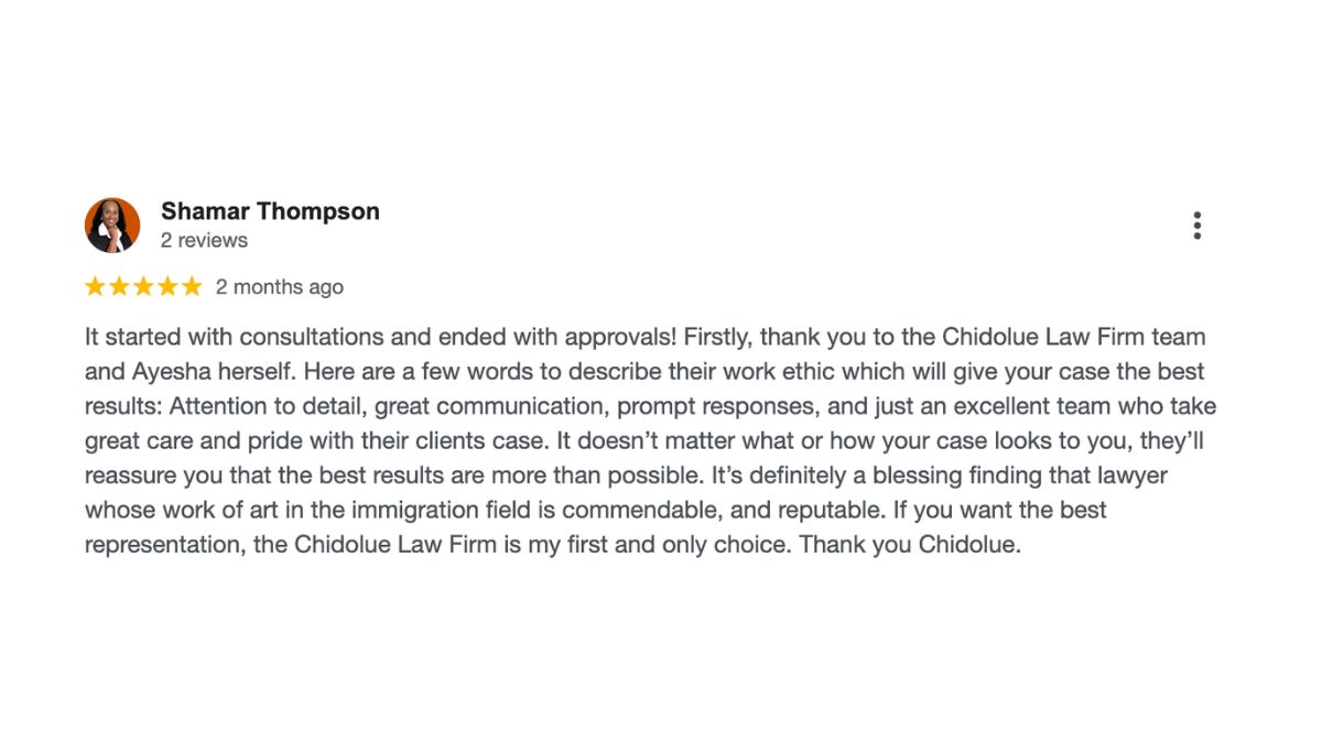 Google review for The Chidolue Law Firm